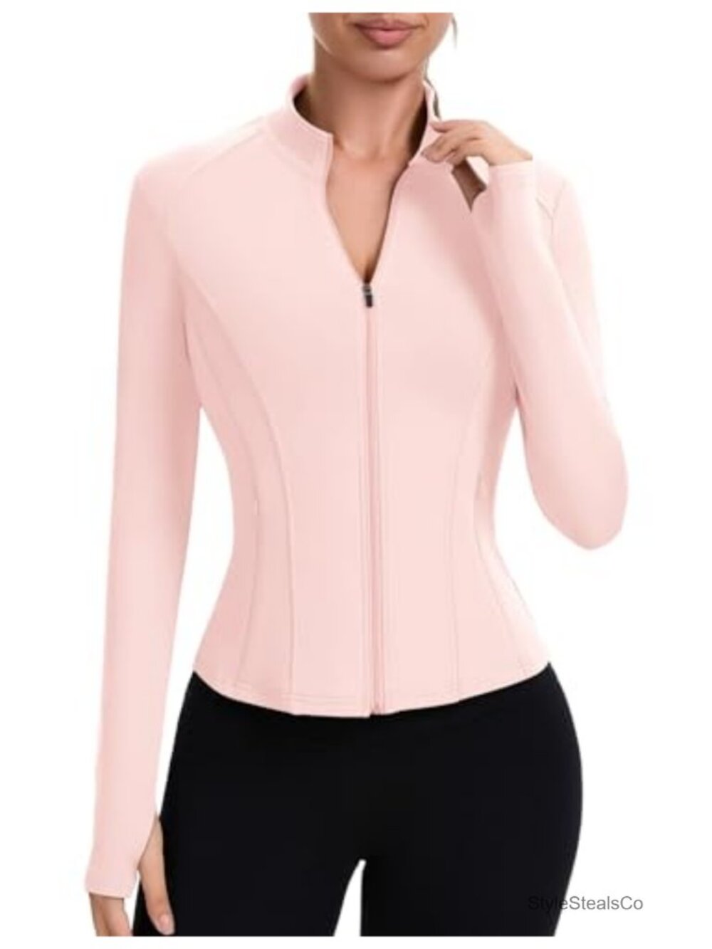 Cropped Zip Up Athletic Jacket Women Long Sleeve Workout Top with Pockets Thumb